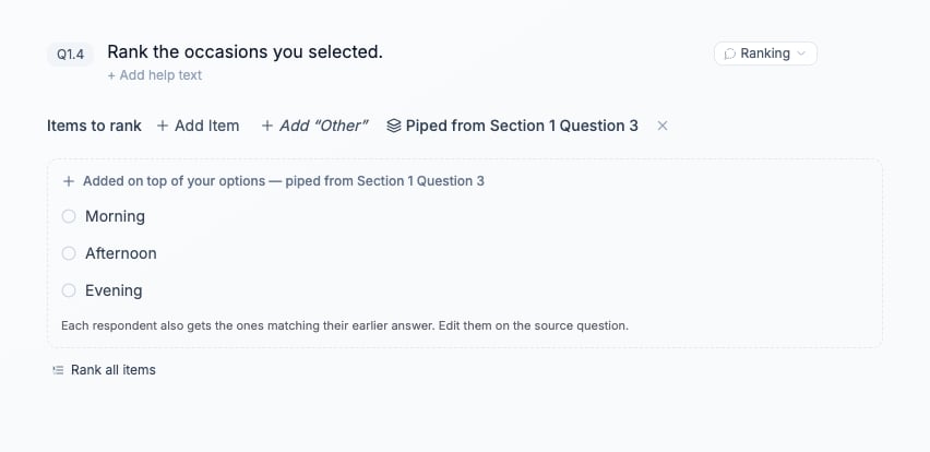 Ranking card with the earlier question selected as its piped-options source