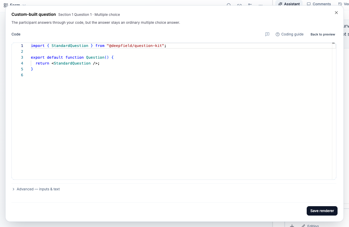Custom question Code view with source editor, compile status, and Coding guide control