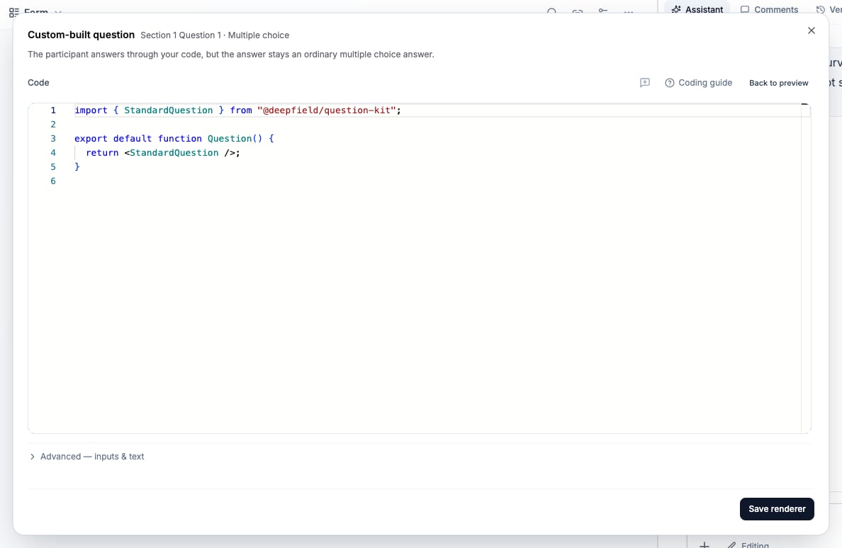 Custom question Code view with source editor, compile status, and Coding guide control
