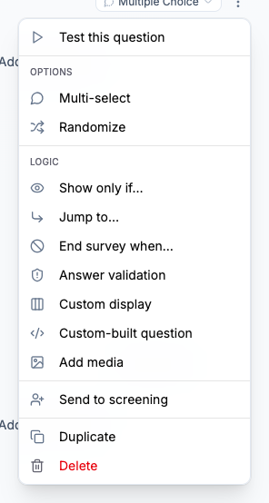 Question menu with Custom-built question selected and the question type still visible