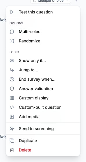 Question menu with Custom-built question selected and the question type still visible