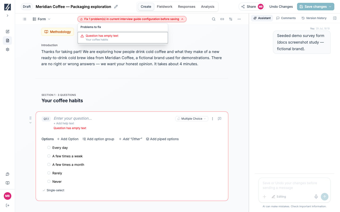 Survey builder with the Problems to fix panel open and validation items listed