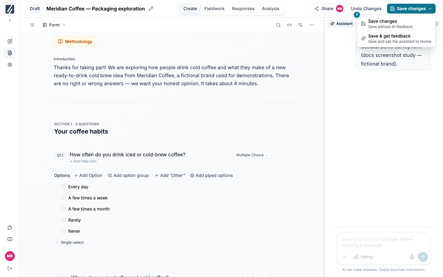 Save changes menu with Save changes and Save and get feedback options
