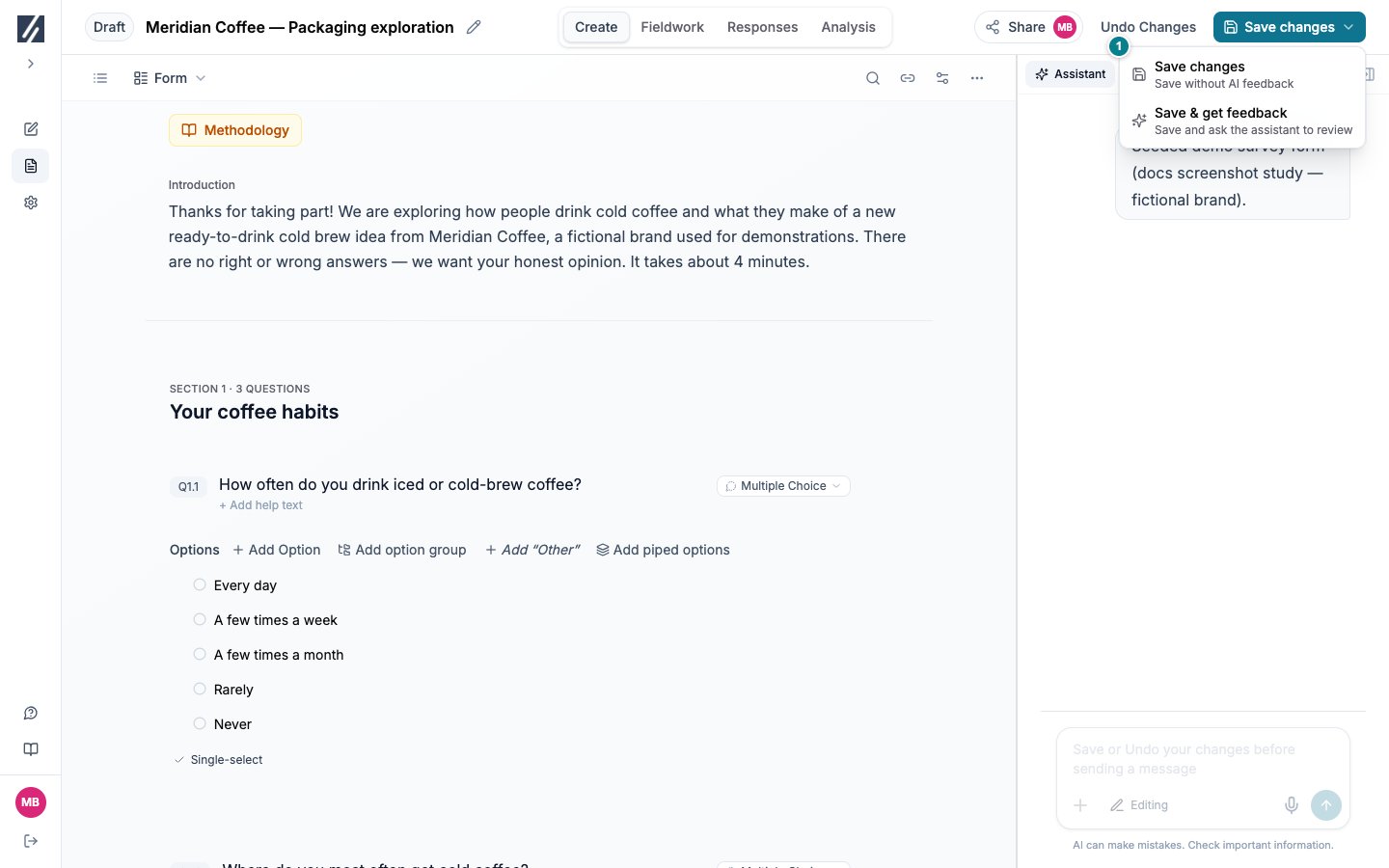 Save changes menu with Save changes and Save and get feedback options