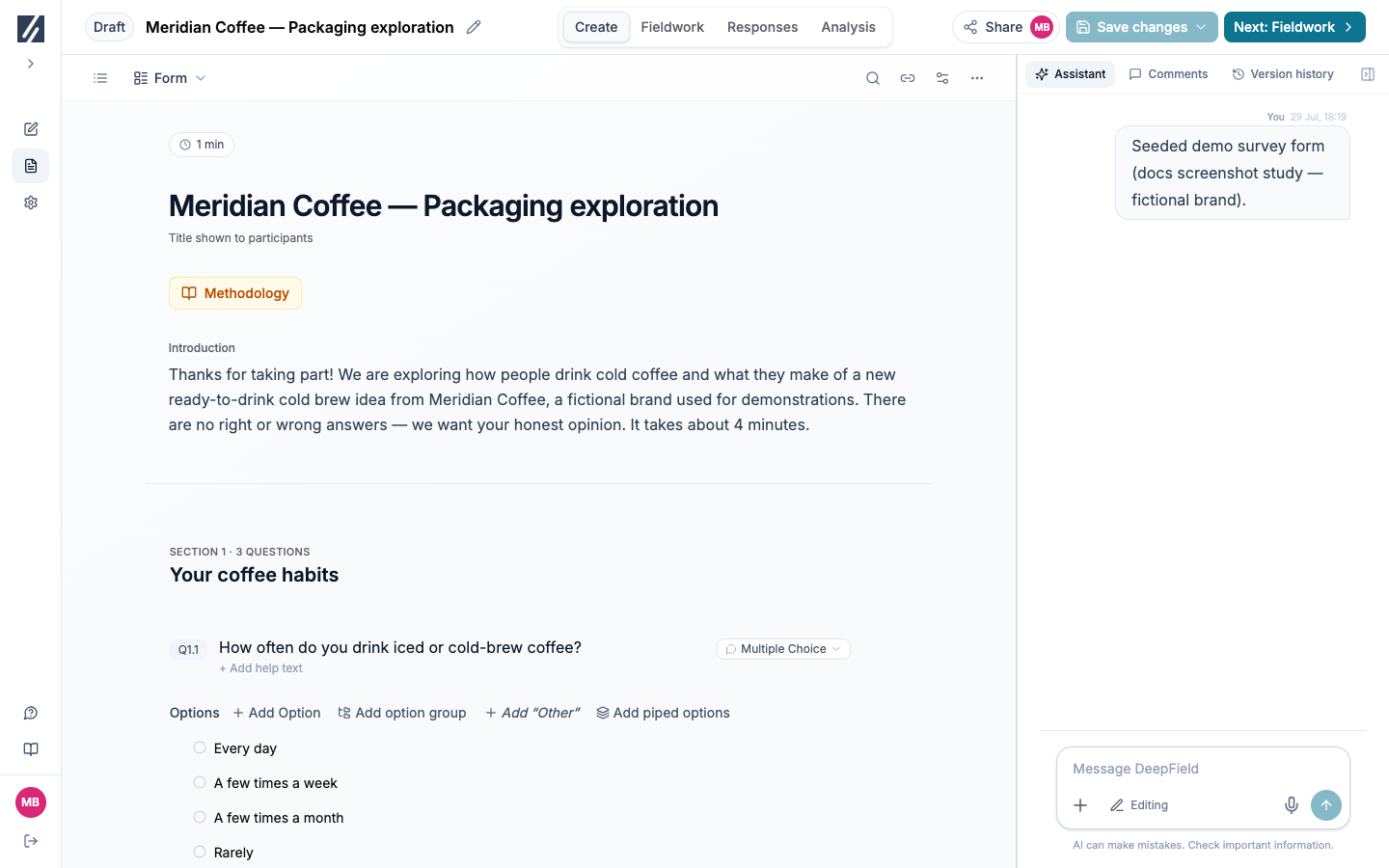 Survey builder showing editable question cards and the Assistant panel