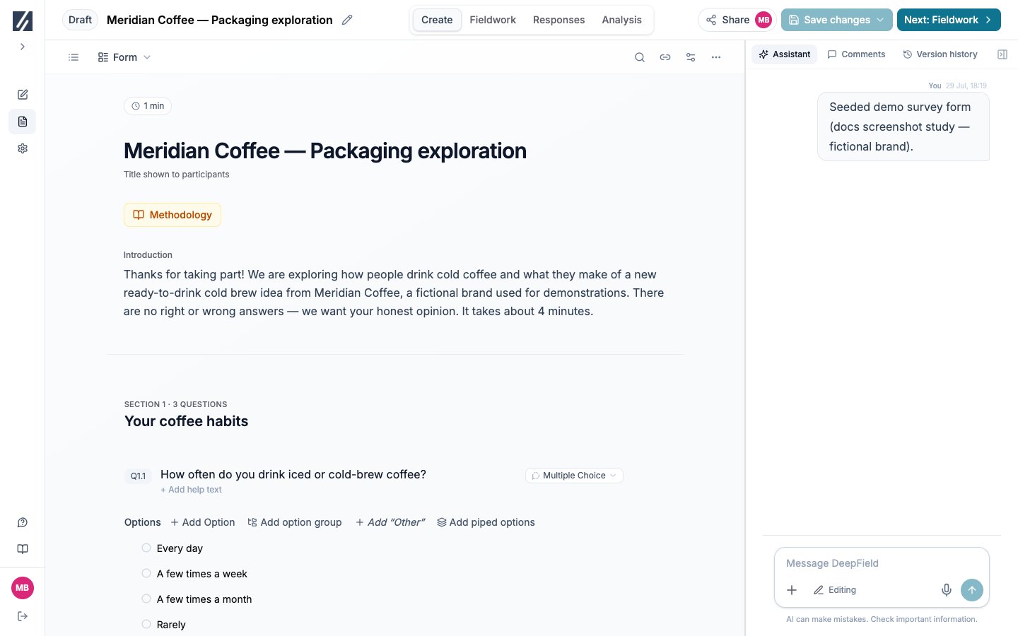 Survey builder showing editable question cards and the Assistant panel