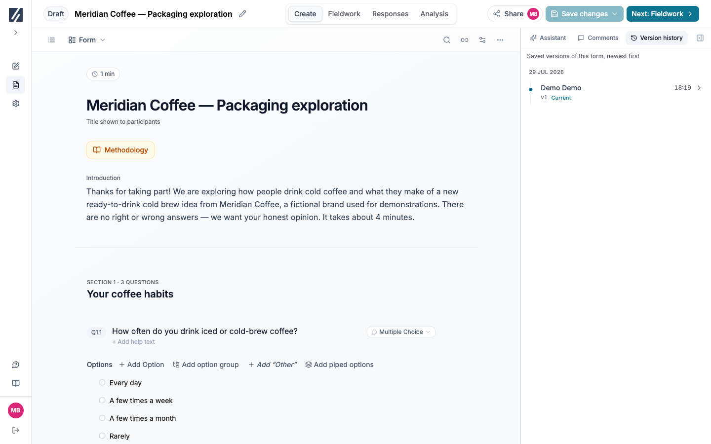 Version history panel with version entries, authors, timestamps, and change summaries