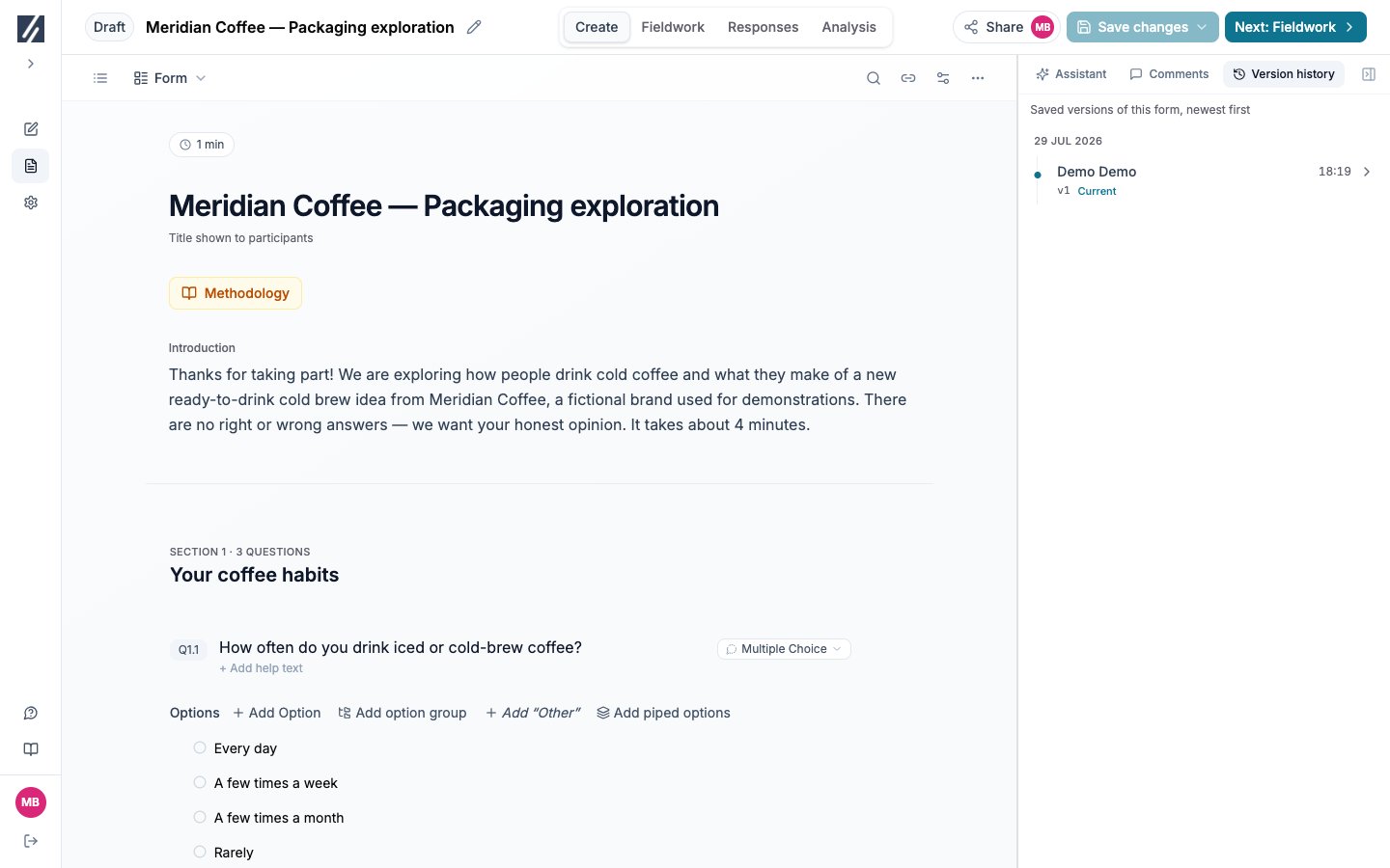 Version history panel with version entries, authors, timestamps, and change summaries