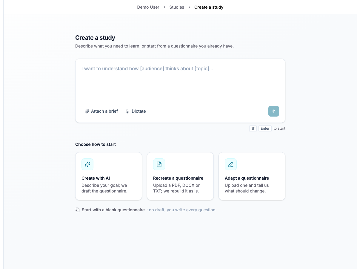 Start with an AI brief, an existing questionnaire, or a blank questionnaire.