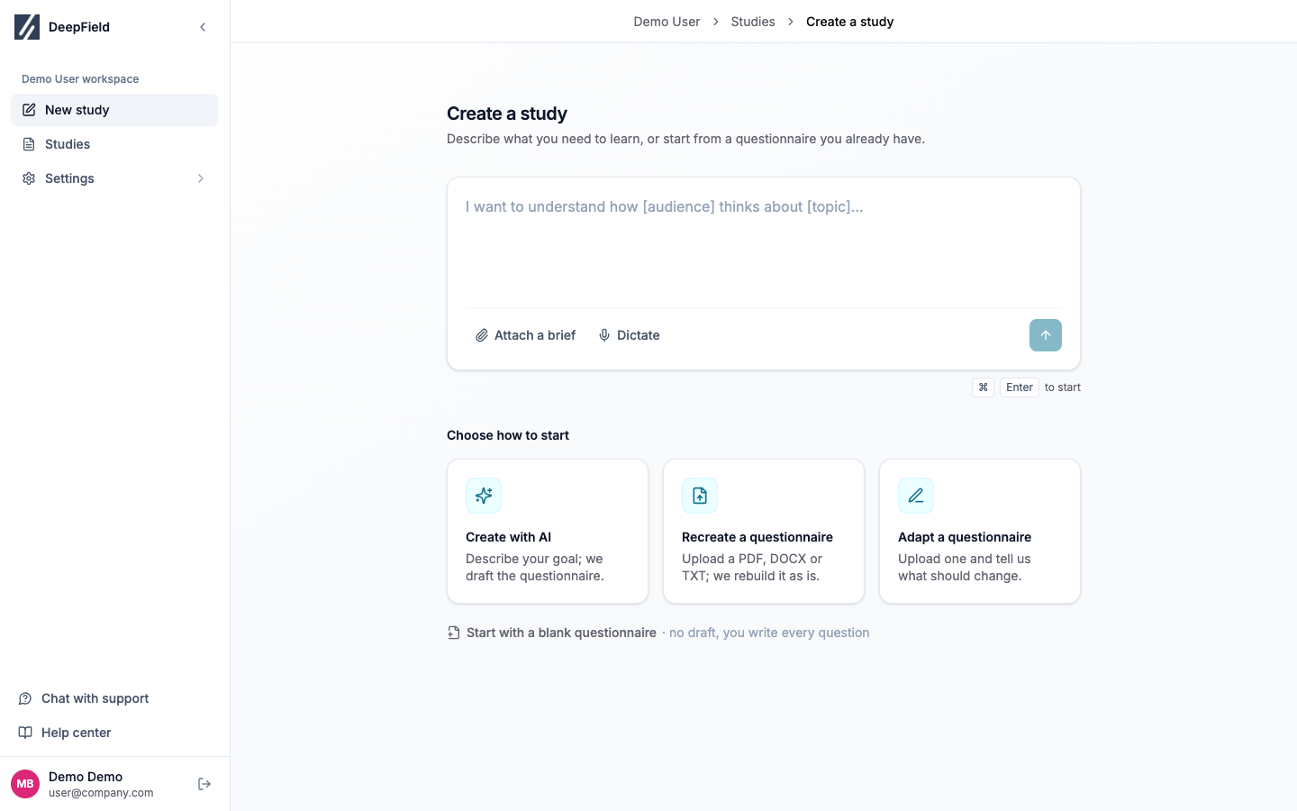 New study page with the objective composer and questionnaire creation choices