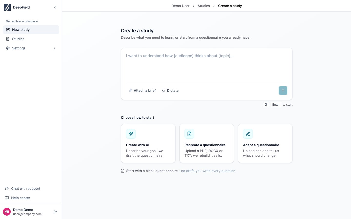 New study page with the objective composer and questionnaire creation choices