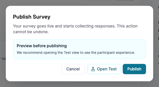 Publish Survey confirmation with Cancel, Open Test, and Publish controls