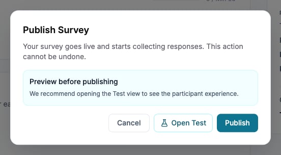 Publish Survey confirmation with Cancel, Open Test, and Publish controls