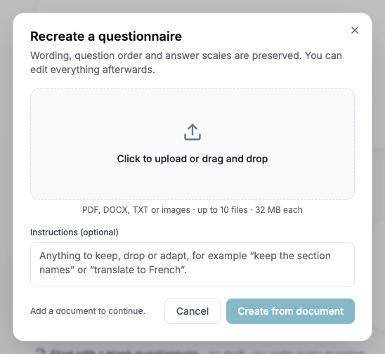 The recreation dialog keeps its source files and optional instructions together.