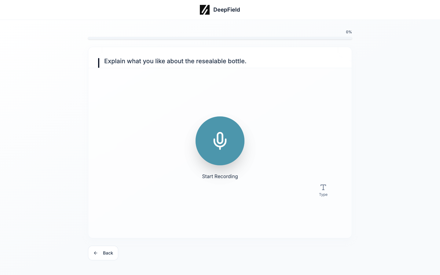 Participant microphone screen with Start Recording, Type, and Back controls