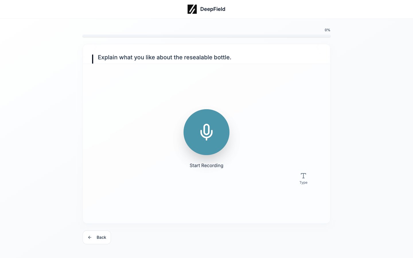 Écran du microphone avec les commandes Start Recording, Type et Back