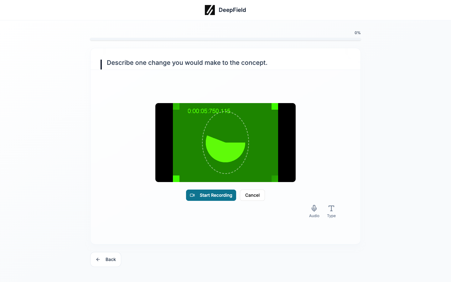 Video question with a synthetic camera preview, Start Recording, Cancel, Audio, and Type controls