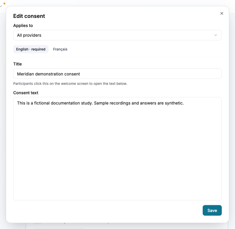 Review the provider scope, title, text, and required source language for the consent.
