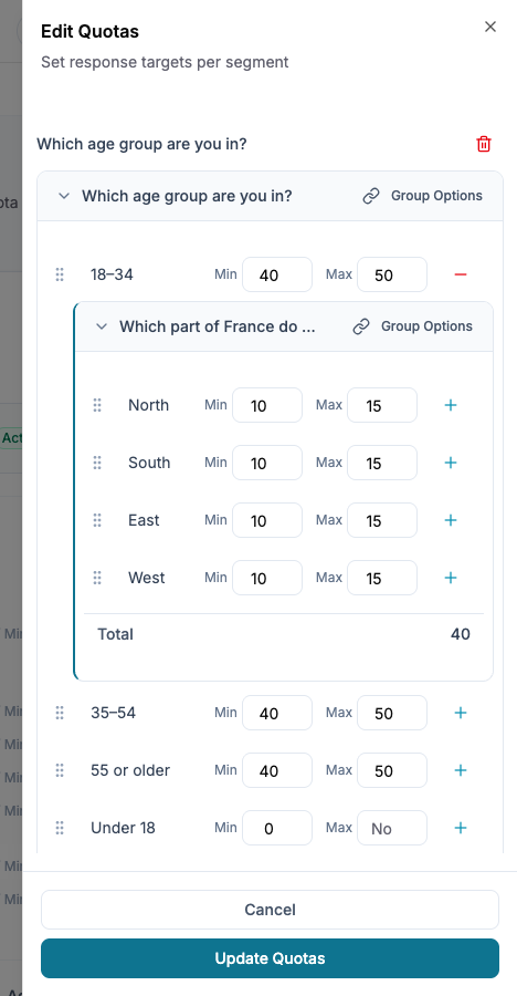 Nested age and region quotas with minimum targets and maximum caps