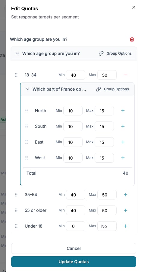 Nested age and region quotas with minimum targets and maximum caps