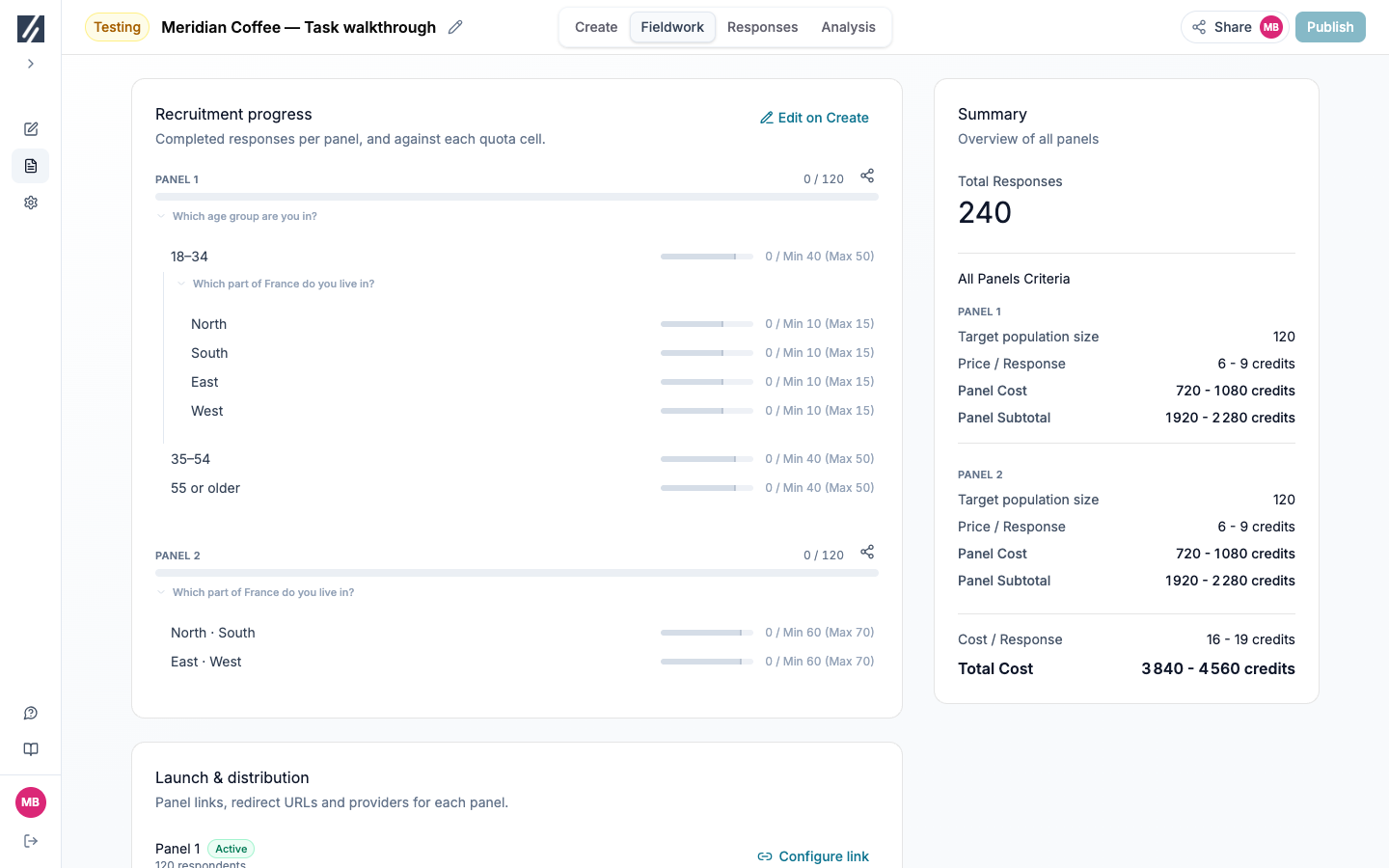 Review recruitment progress, distribution controls, and the cost summary on Fieldwork.