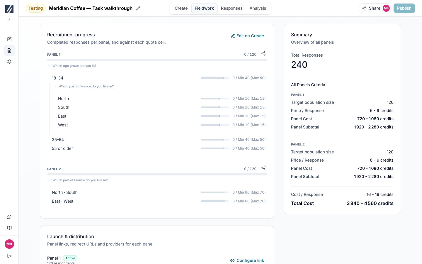 Review recruitment progress, distribution controls, and the cost summary on Fieldwork.