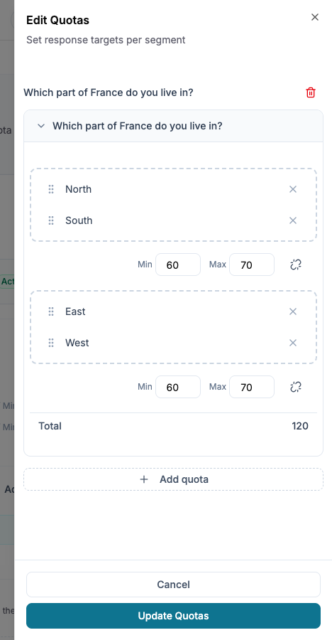 Two regional quota groups, each with a minimum of 60 and maximum of 70