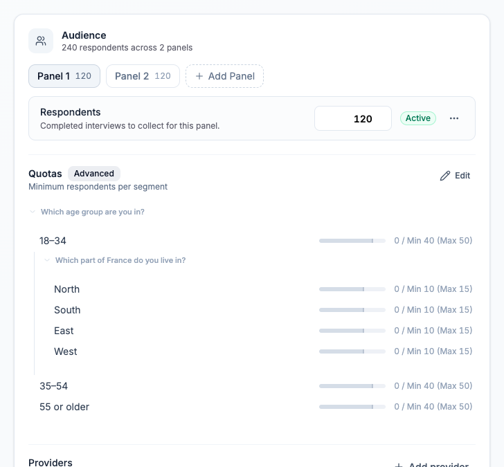 Set the respondent target and review the selected panel’s quotas.