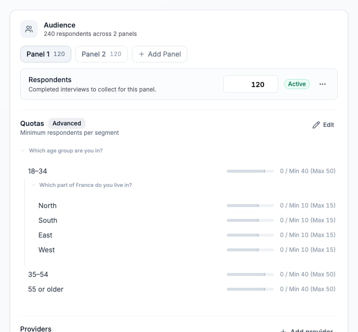 Set the respondent target and review the selected panel’s quotas.