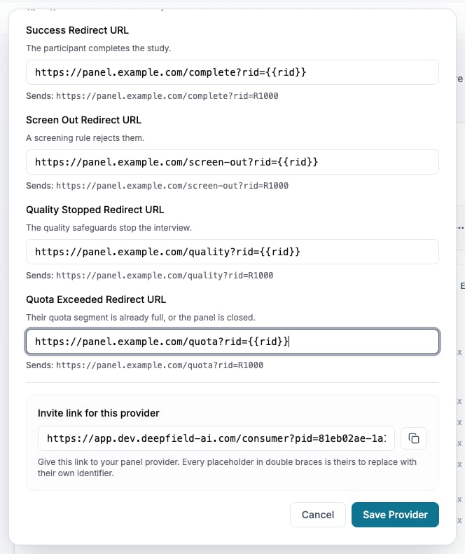 Provider dialog with four outcome URLs, identifier previews, and Save Provider
