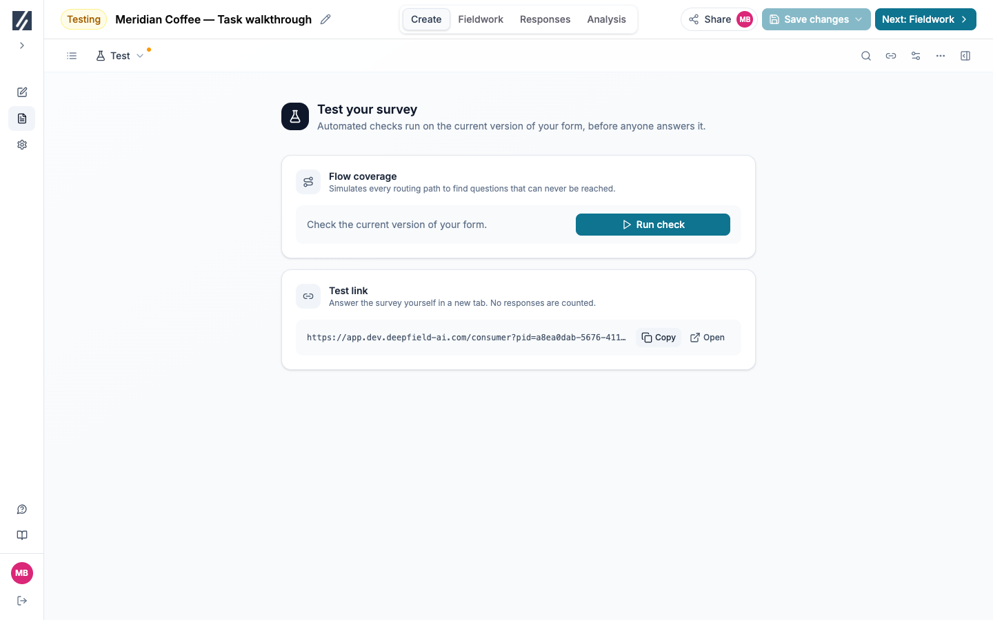 Test view with a generated participant link, Copy and Open buttons, and the flow-check control