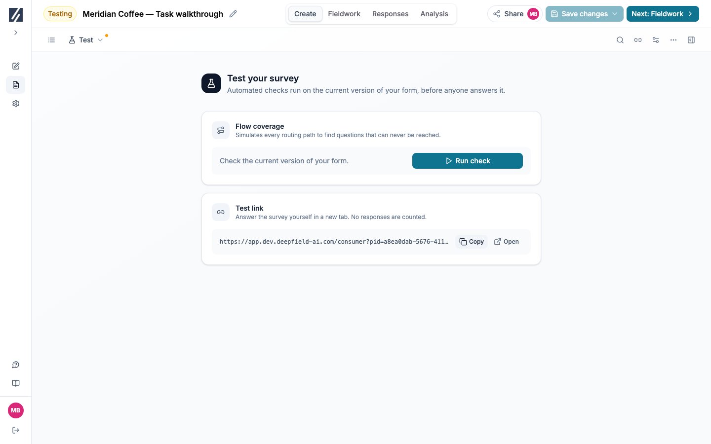 Test view with a generated participant link, Copy and Open buttons, and the flow-check control