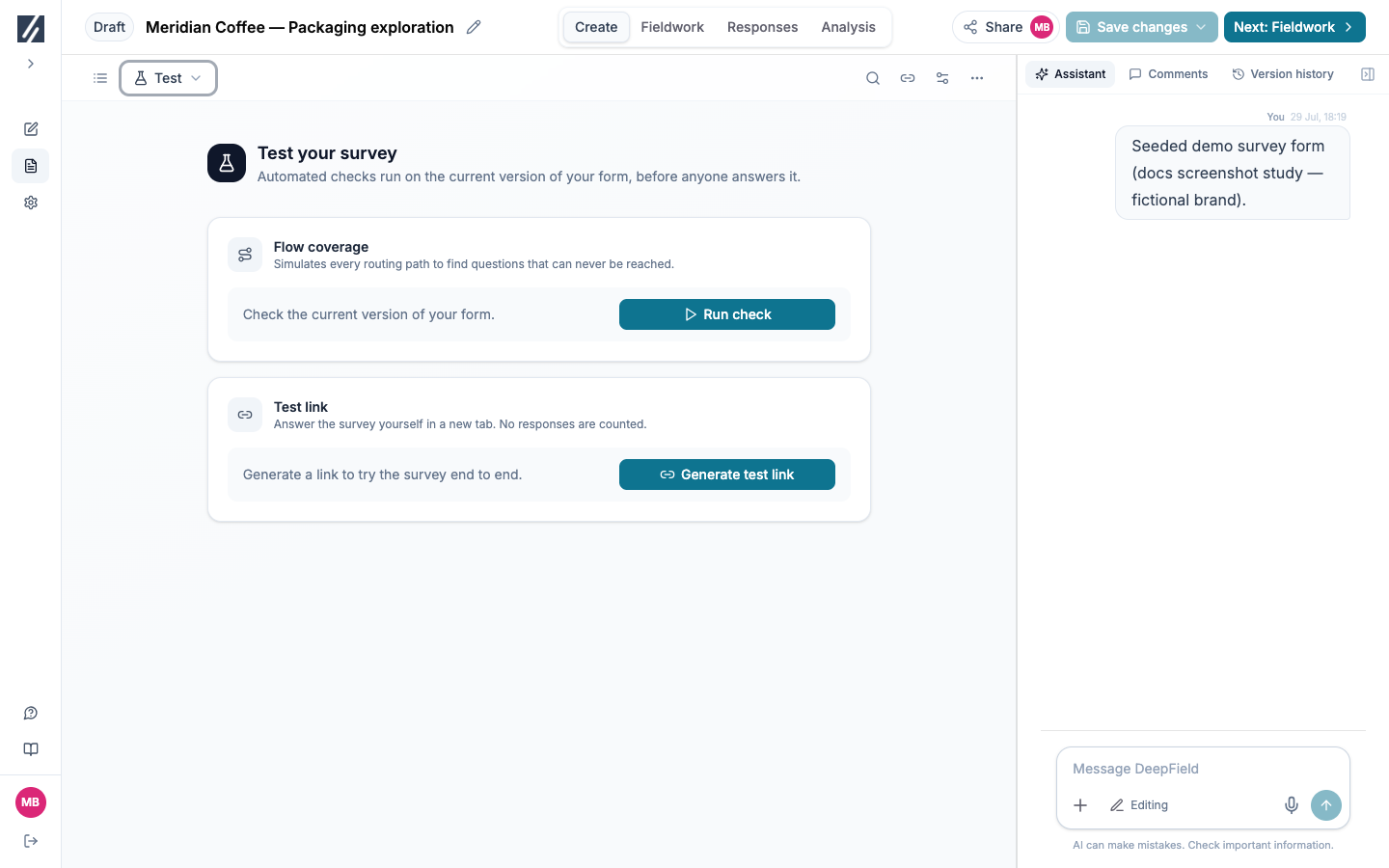 Test your survey view with Flow coverage and Generate test link sections