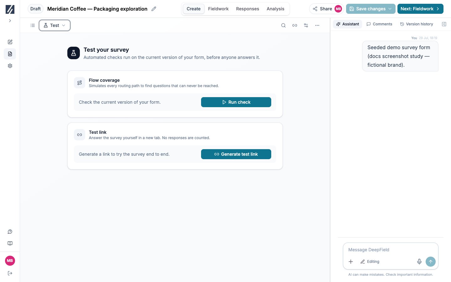 Test your survey view with Flow coverage and Generate test link sections