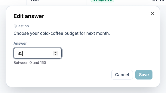 Edit answer dialog with the stored value 35 and numeric limits zero to 150