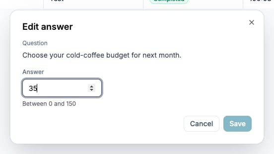 Edit answer dialog with the stored value 35 and numeric limits zero to 150