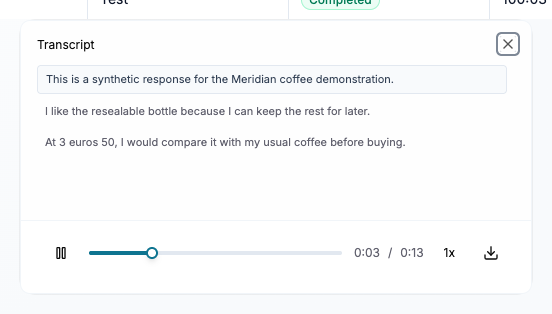 Audio player with a 13-second Meridian recording, playback position, and transcript segments
