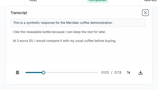Audio player with a 13-second Meridian recording, playback position, and transcript segments
