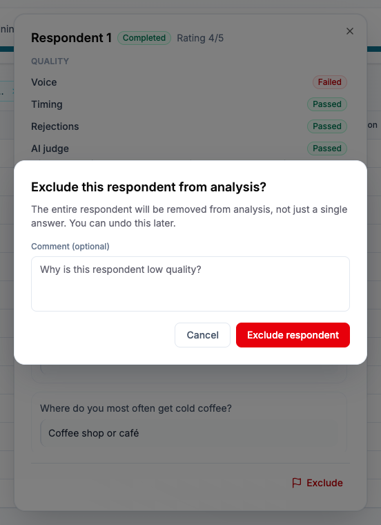 Exclude respondent confirmation with explanation and optional comment