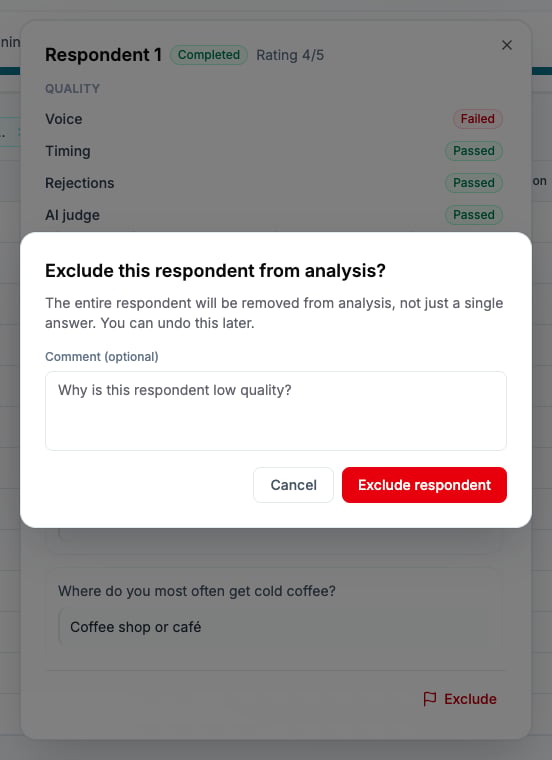 Exclude respondent confirmation with explanation and optional comment