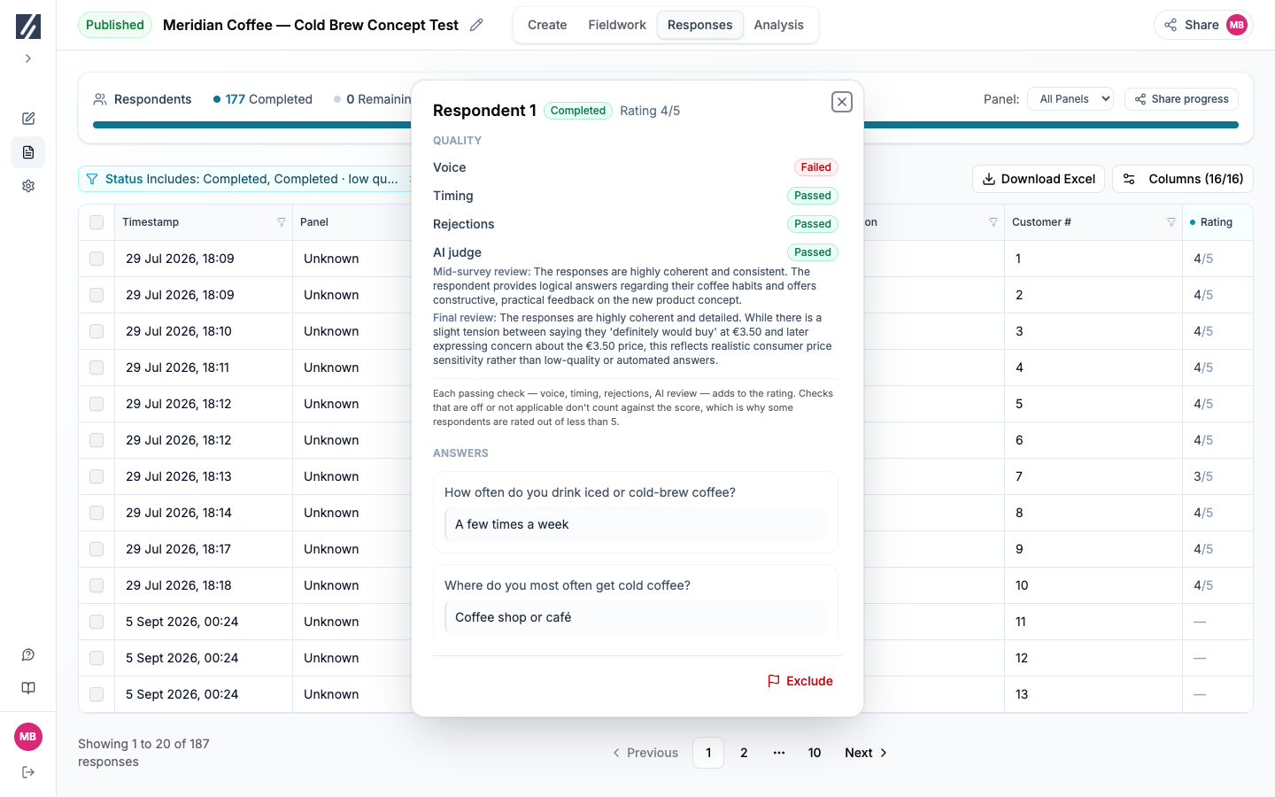 Open the rating to inspect the completed response’s quality checks.