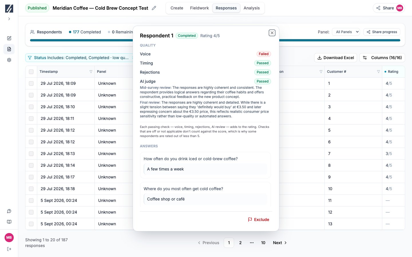 Open the rating to inspect the completed response’s quality checks.