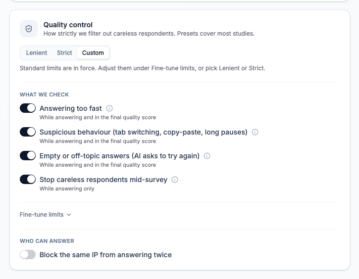Quality control card with Lenient, Strict, Custom, check toggles, Fine-tune limits, and Block the same IP from answering twice