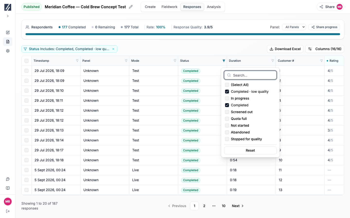 Response table with the Status filter open