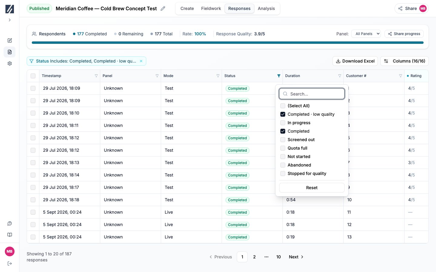 Response table with the Status filter open