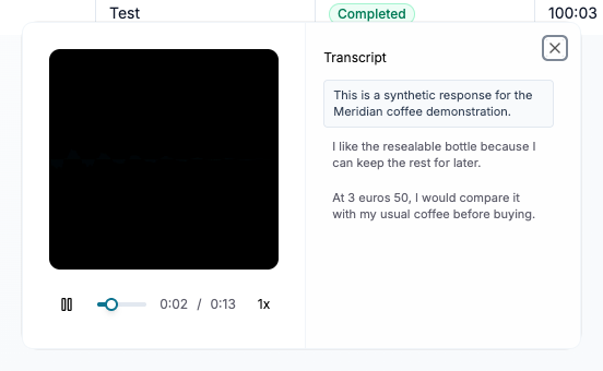Video player with a 13-second Meridian recording, playback position, and transcript segments