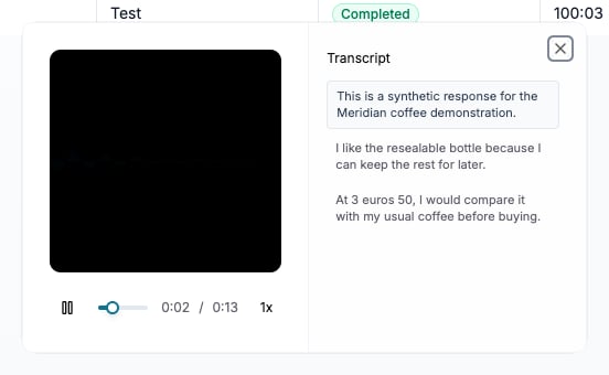 Video player with a 13-second Meridian recording, playback position, and transcript segments
