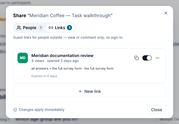 Saved Meridian review link with Survey form and Responses enabled and its remaining expiry