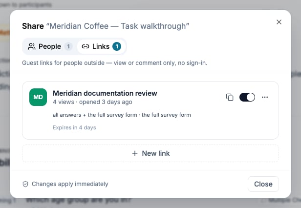 Saved Meridian review link with Survey form and Responses enabled and its remaining expiry