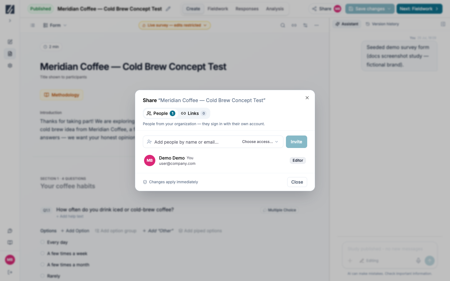 Share dialog with People and Links tabs